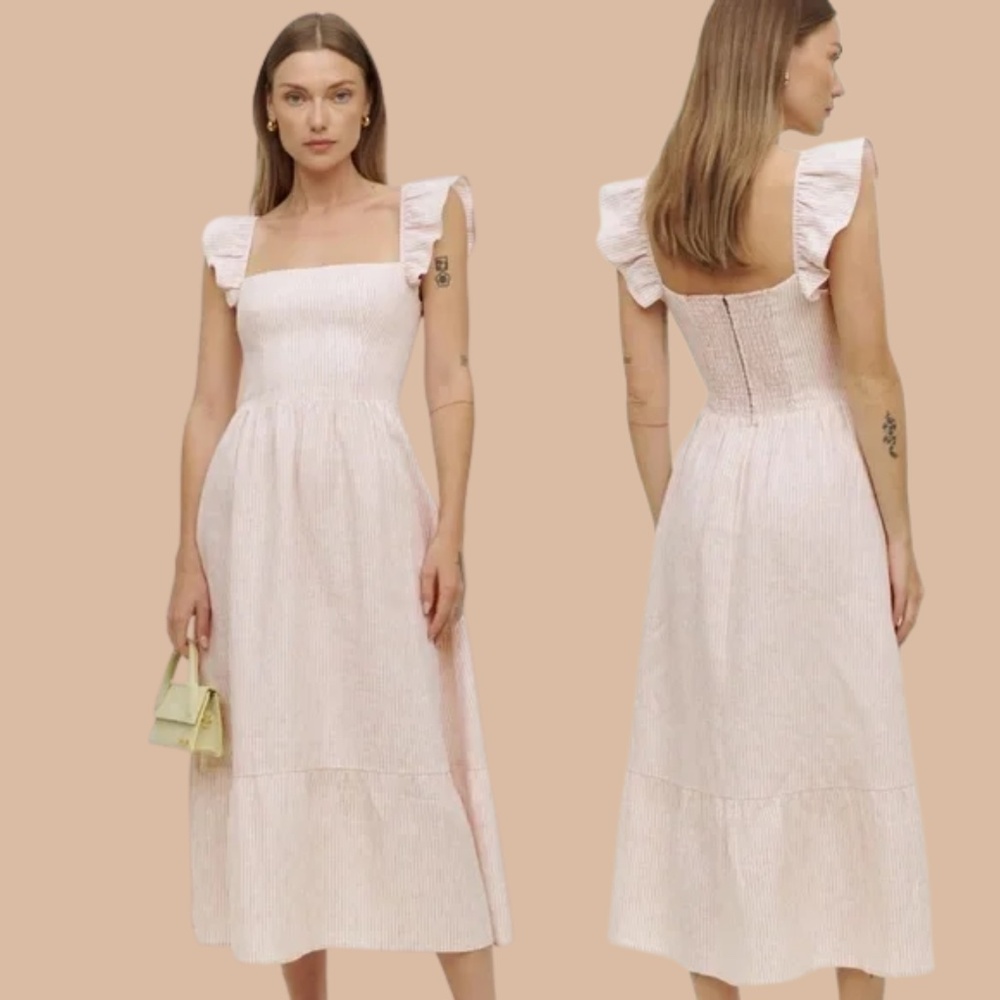 Reformation Lucila Linen Dress in Cupcake Stripe Pink & White- Midi Dress Size 0